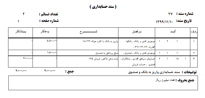 نمونه سند حسابداری